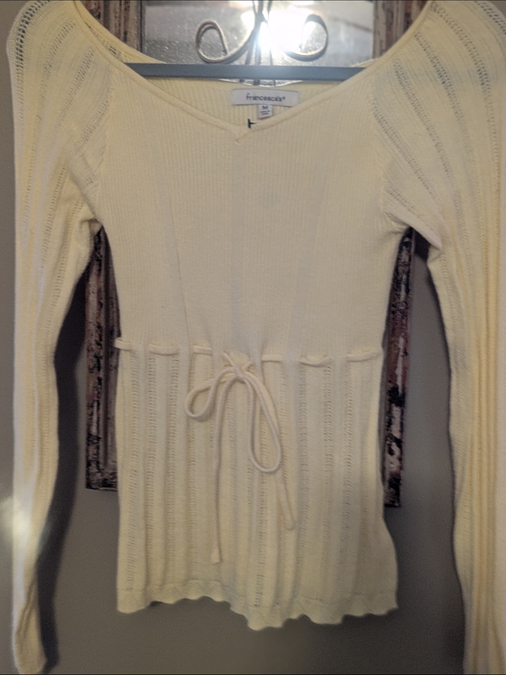 Francesca's Soft Yellow Ribbed V-Neck Tie-Waist Sweater